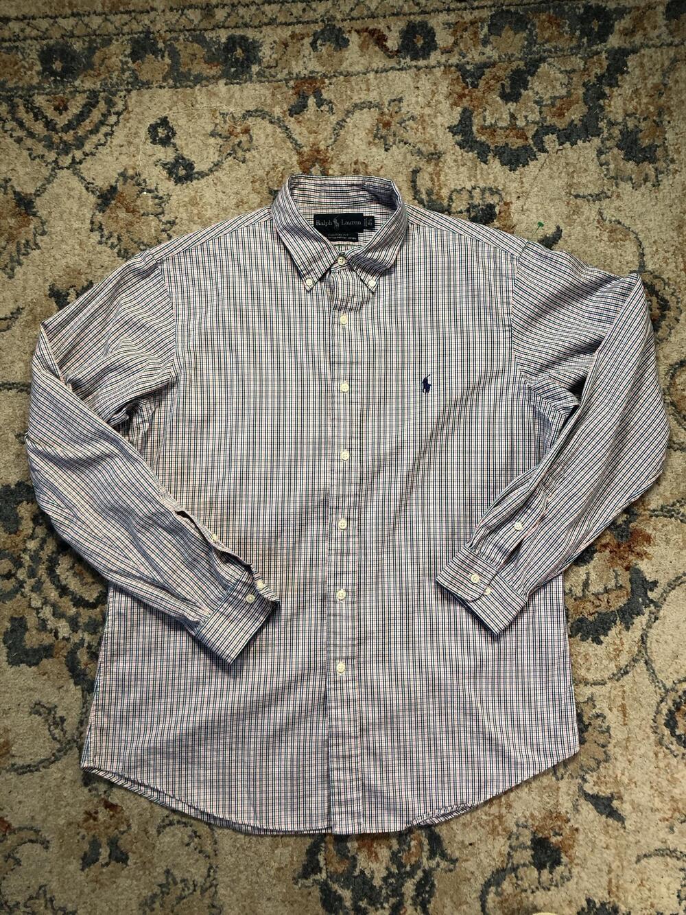Ralph Lauren Shirt Mens Large Blue Check Custom Fit Long Sleeve Button Down Pony